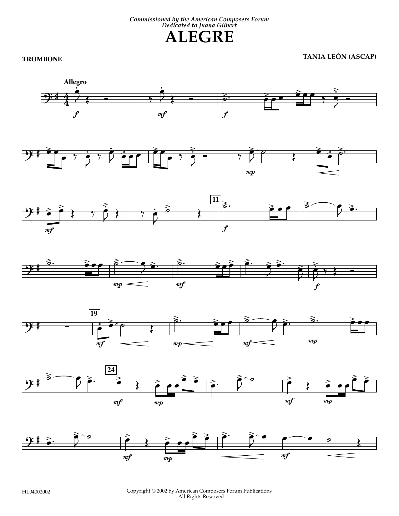 Tania Leon Alegre - Trombone sheet music notes and chords. Download Printable PDF.