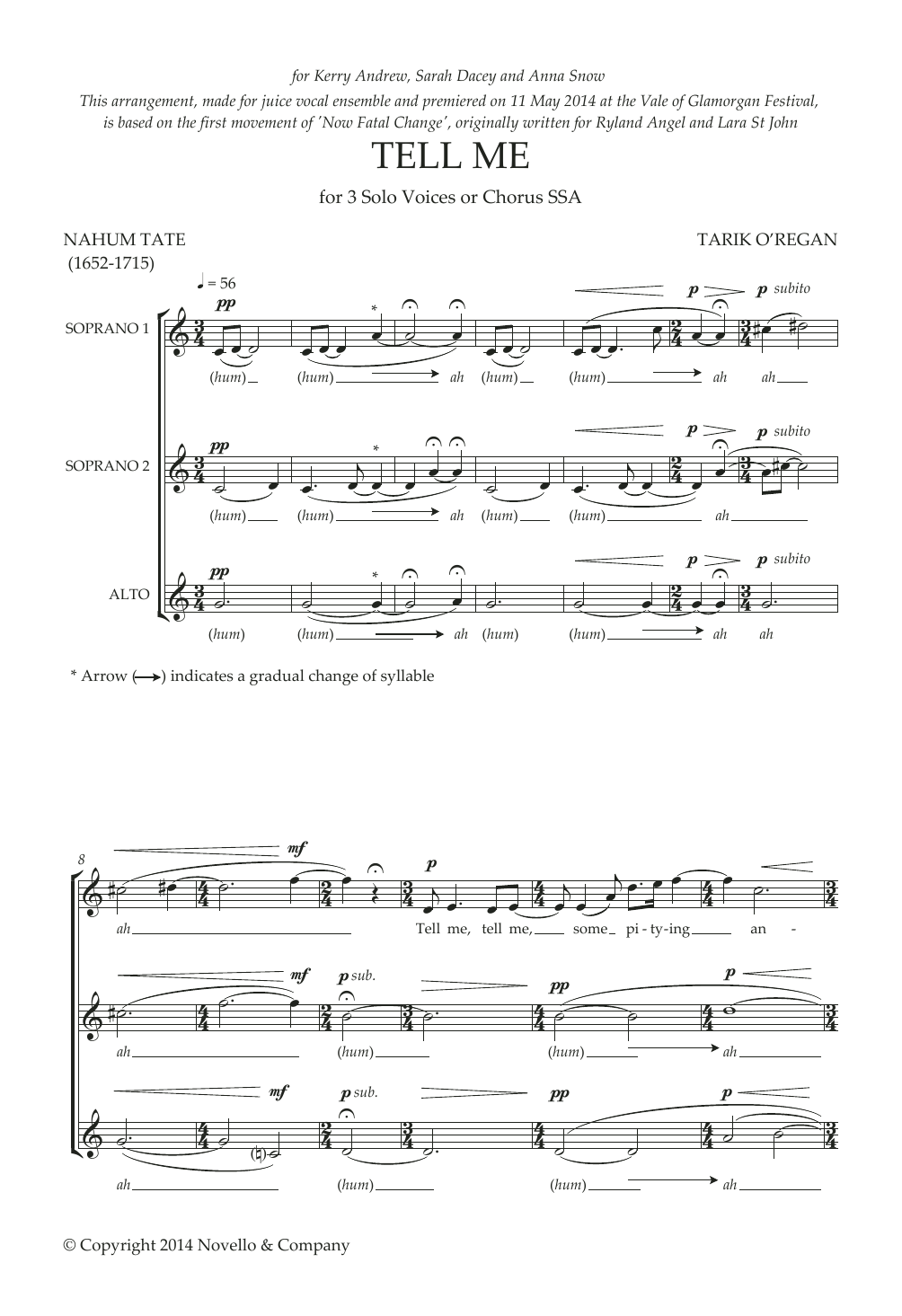 Tarik O'Regan Tell Me sheet music notes and chords arranged for SSA Choir