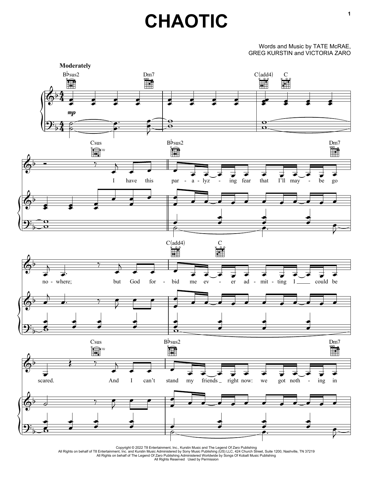Tate McRae Chaotic sheet music for Piano, Vocal & Guitar Chords (Right-Hand Melody) in minutes. Price: 7.8900$ Tate McRae Chaotic sheet music notes and chords. Download Printable PDF.