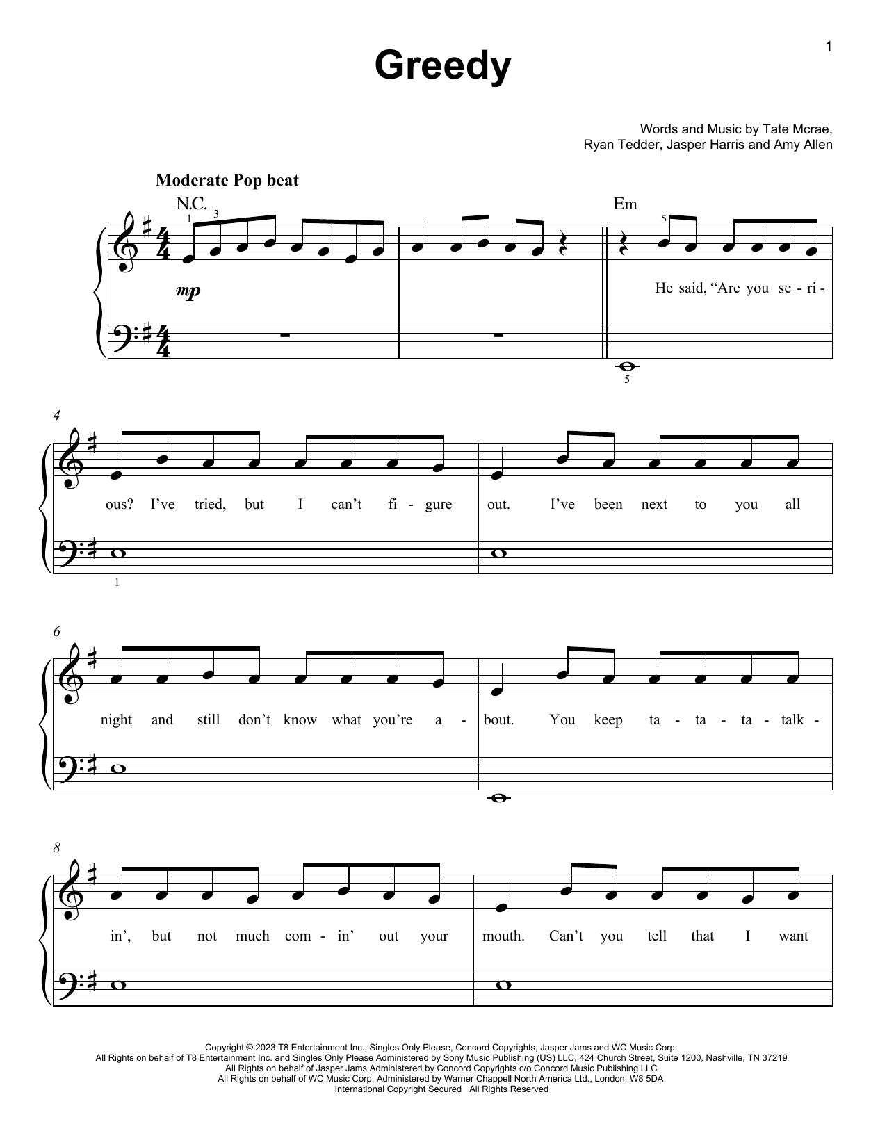 Tate McRae greedy sheet music notes and chords. Download Printable PDF.