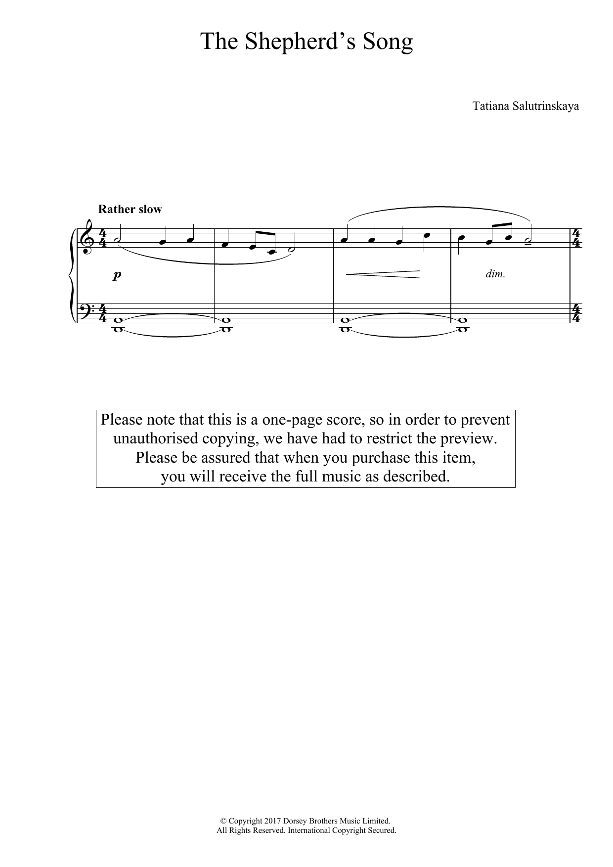 Learn to play Tatiana Salutrinskaya The Shepherd's Song sheet music for Easy Piano in minutes. Price: 6.9900$ Tatiana Salutrinskaya The Shepherd's Song sheet music notes and chords arranged for Easy Piano