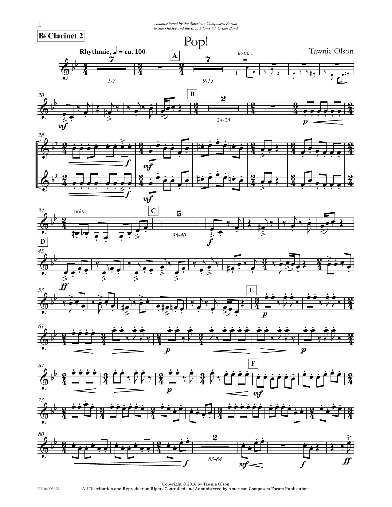 Learn to play Tawnie Olson Pop! - Bb Clarinet 2 (Divisi) sheet music for Concert Band in minutes. Price: 5.9900$ Tawnie Olson Pop! - Bb Clarinet 2 (Divisi) sheet music notes and chords arranged for Concert Band