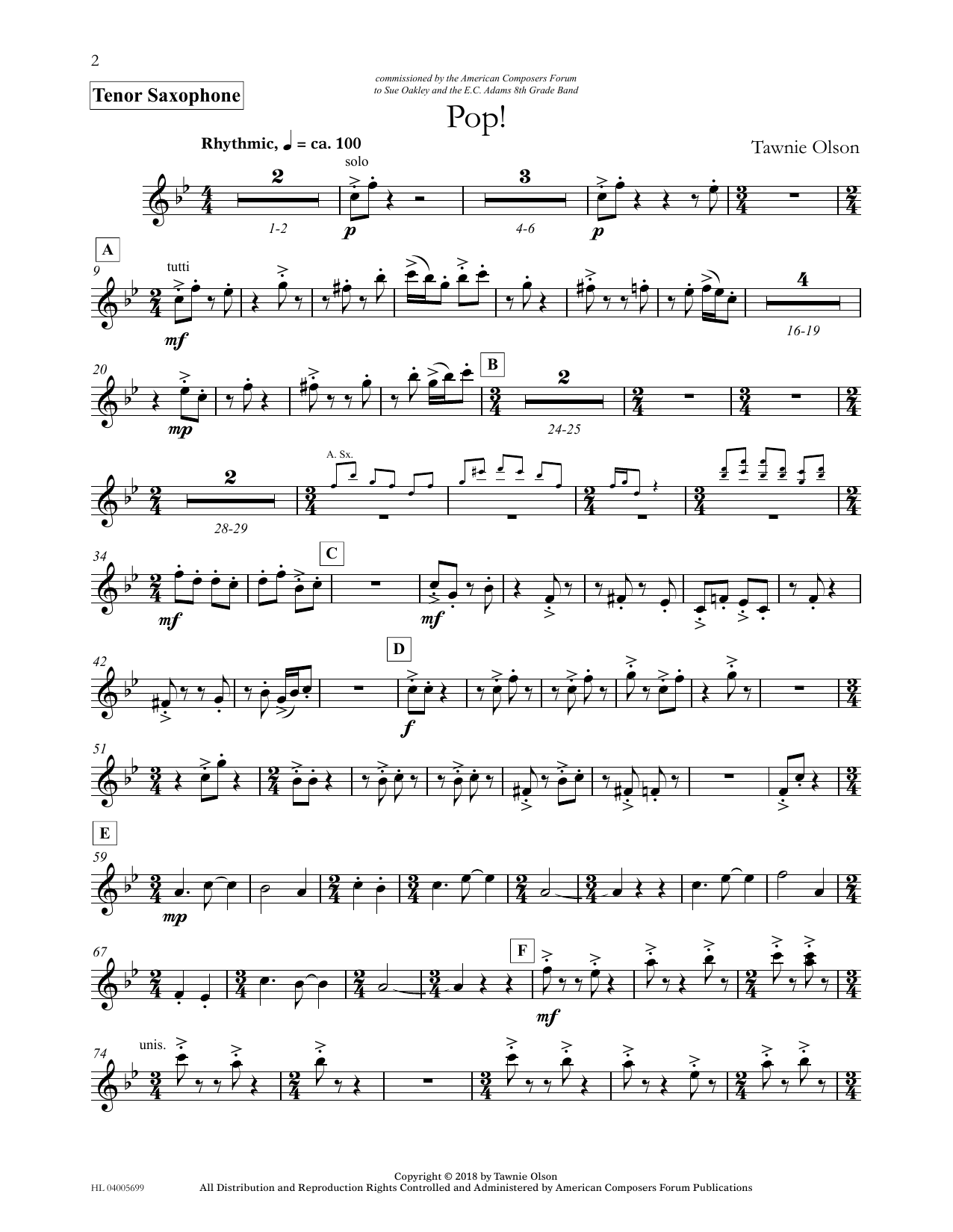 Learn to play Tawnie Olson Pop! - Bb Tenor Saxophone (Divisi) sheet music for Concert Band in minutes. Price: 5.9900$ Tawnie Olson Pop! - Bb Tenor Saxophone (Divisi) sheet music notes and chords arranged for Concert Band