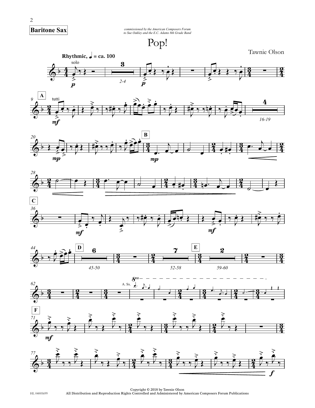 Learn to play Tawnie Olson Pop! - Eb Baritone Saxophone sheet music for Concert Band in minutes. Price: 5.9900$ Tawnie Olson Pop! - Eb Baritone Saxophone sheet music notes and chords arranged for Concert Band