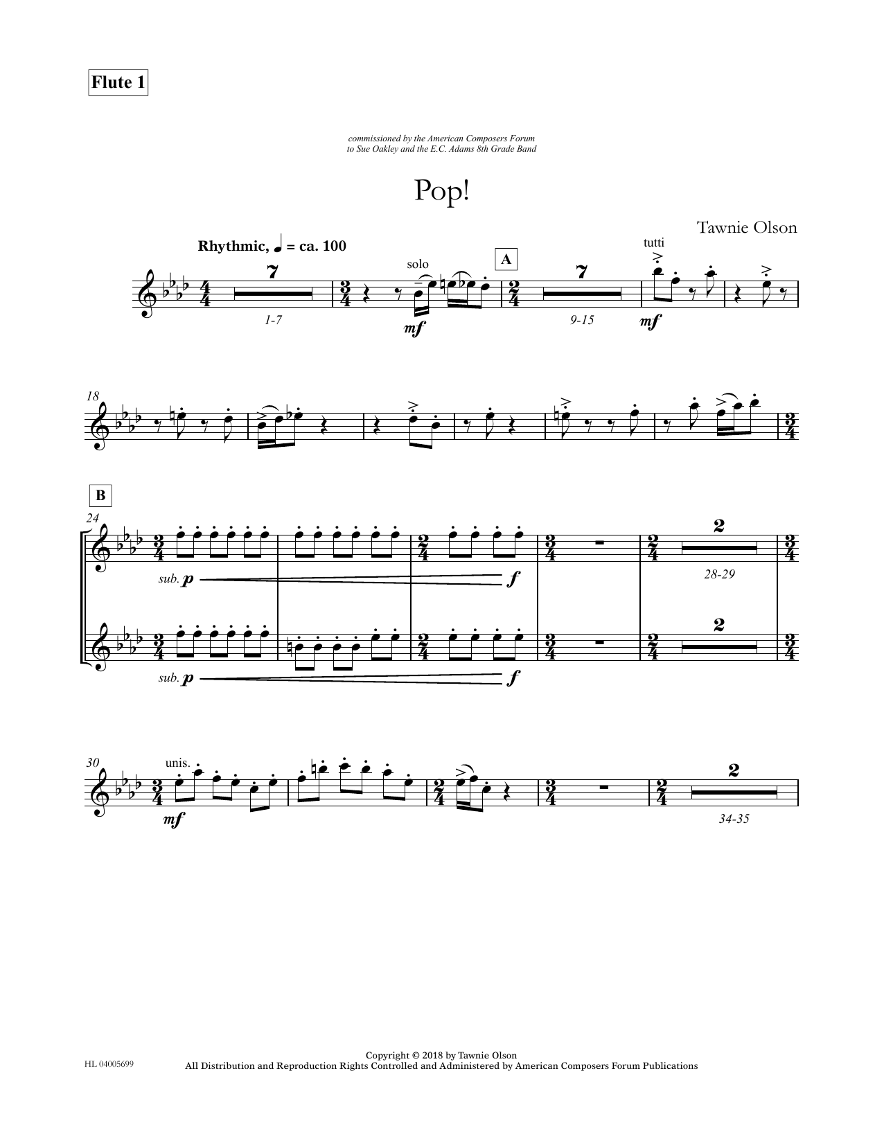 Learn to play Tawnie Olson Pop! - Flute 1 (Divisi) sheet music for Concert Band in minutes. Price: 5.9900$ Tawnie Olson Pop! - Flute 1 (Divisi) sheet music notes and chords arranged for Concert Band