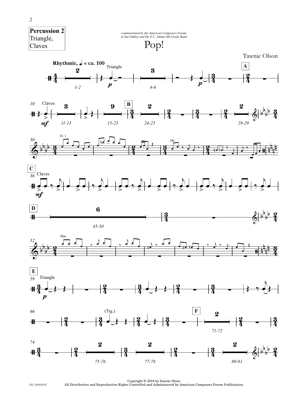 Learn to play Tawnie Olson Pop! - percussion 2 Tri, Clave sheet music for Concert Band in minutes. Price: 5.9900$ Tawnie Olson Pop! - percussion 2 Tri, Clave sheet music notes and chords arranged for Concert Band