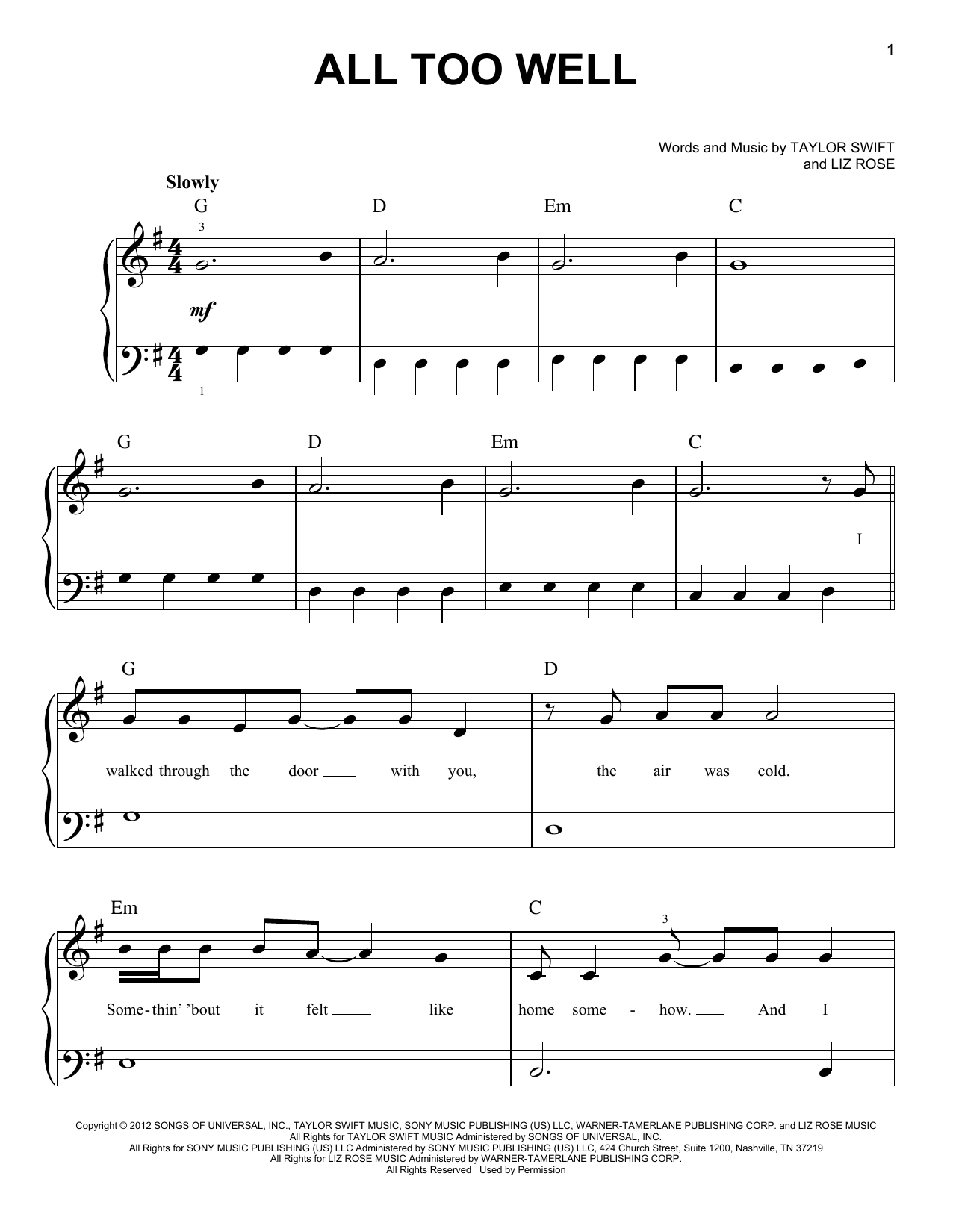 Taylor Swift All Too Well sheet music notes and chords. Download Printable PDF.