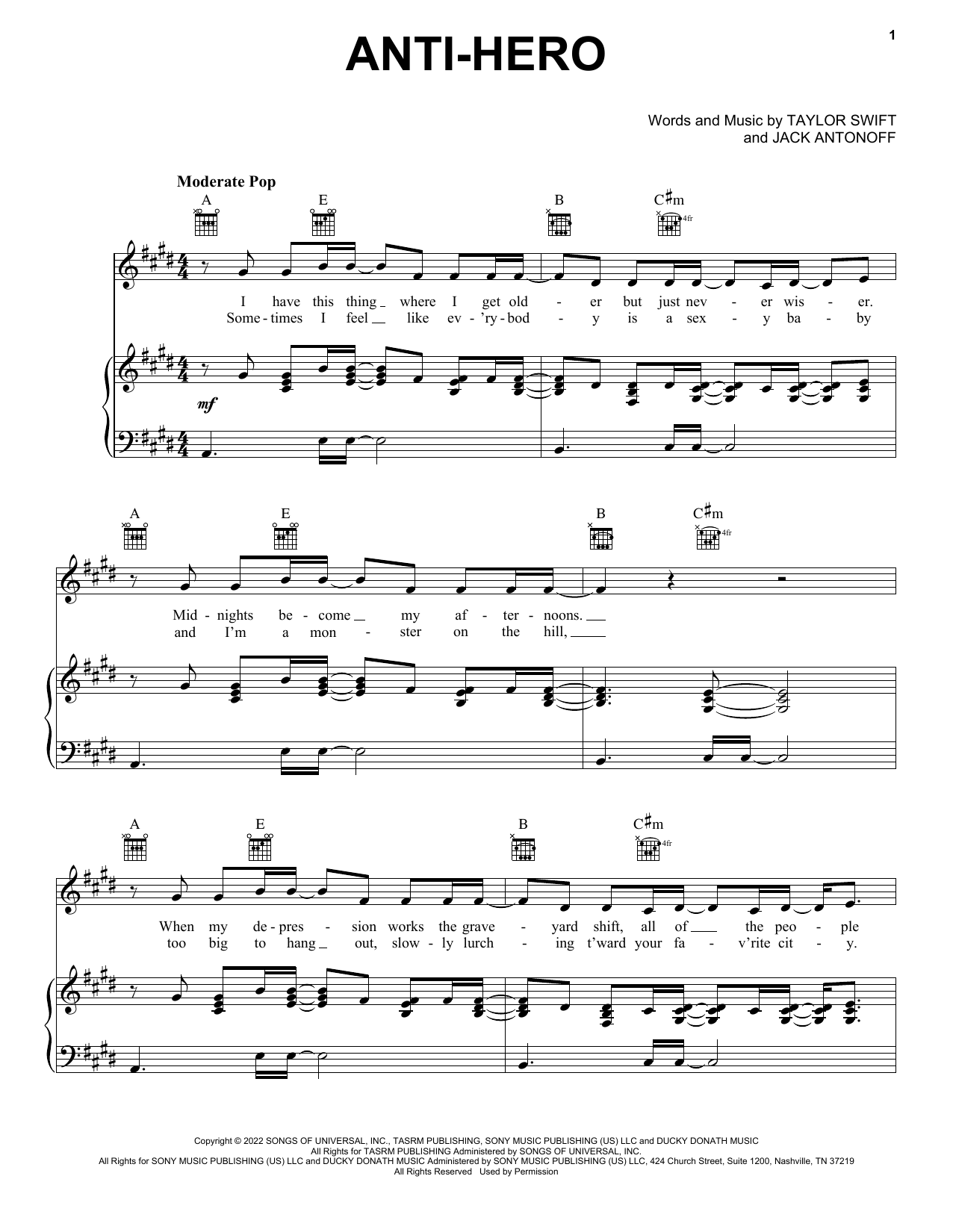 Taylor Swift Anti-Hero sheet music notes and chords - Download Printable PDF and start playing in minutes.