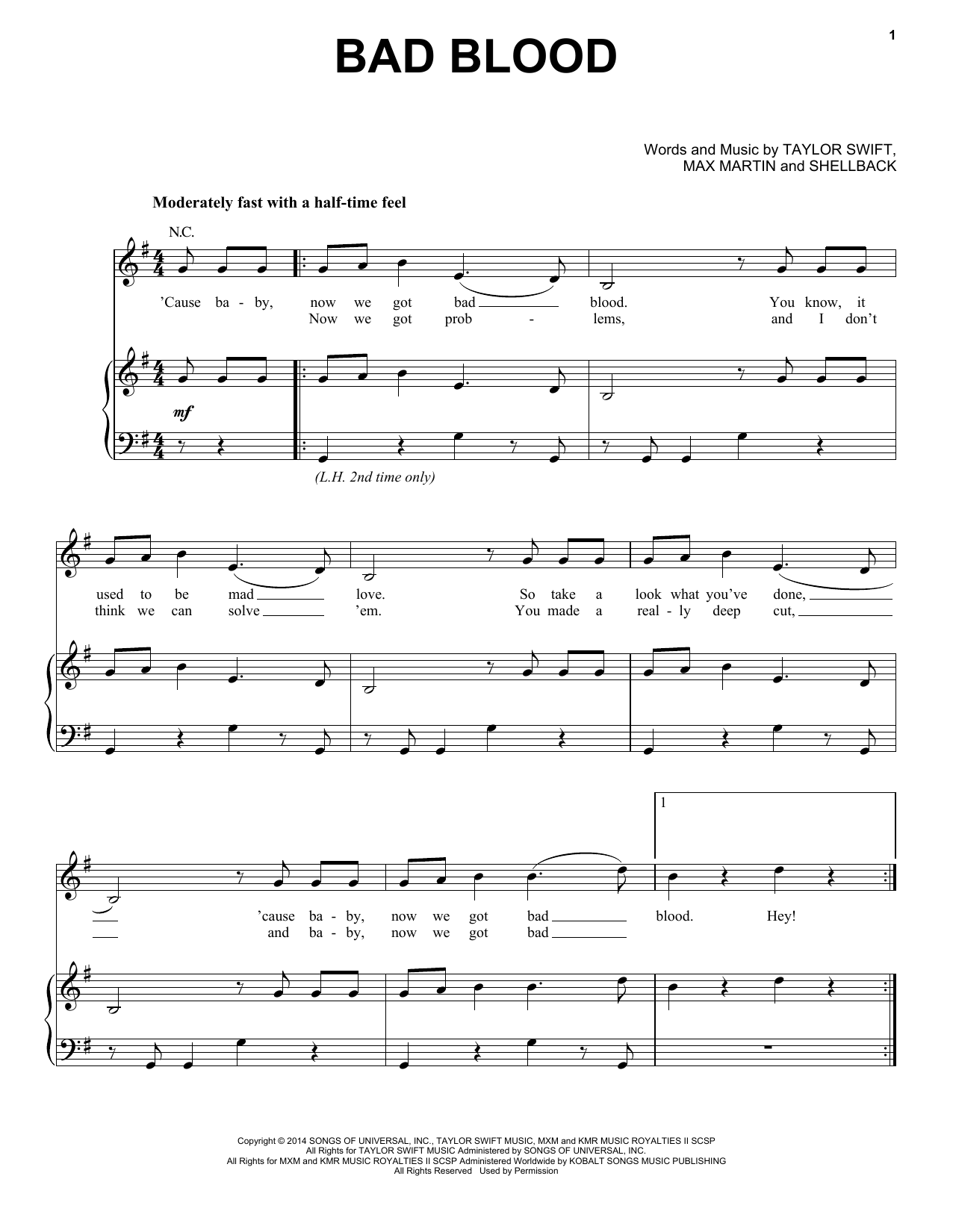 Taylor Swift Bad Blood sheet music notes and chords. Download Printable PDF.