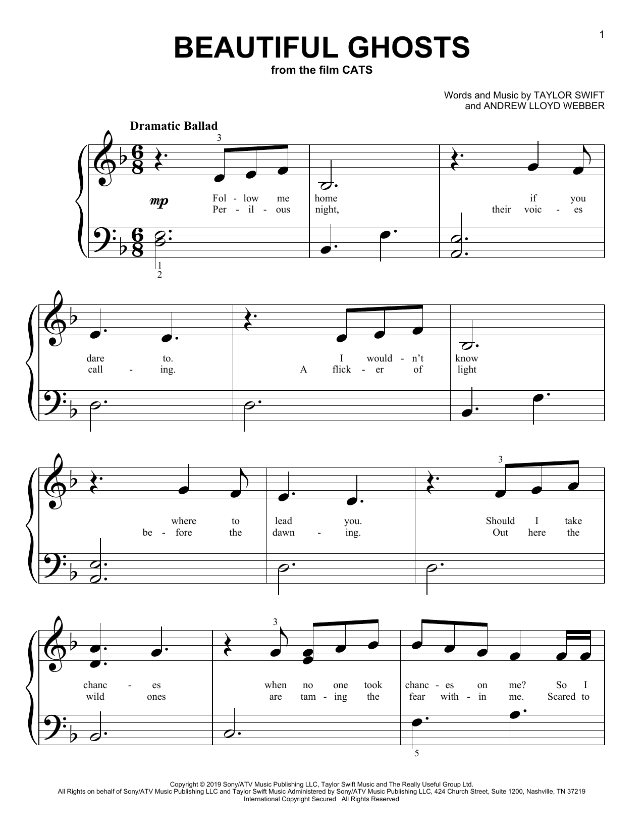 Taylor Swift Beautiful Ghosts (from the Motion Picture Cats) sheet music notes and chords. Download Printable PDF.