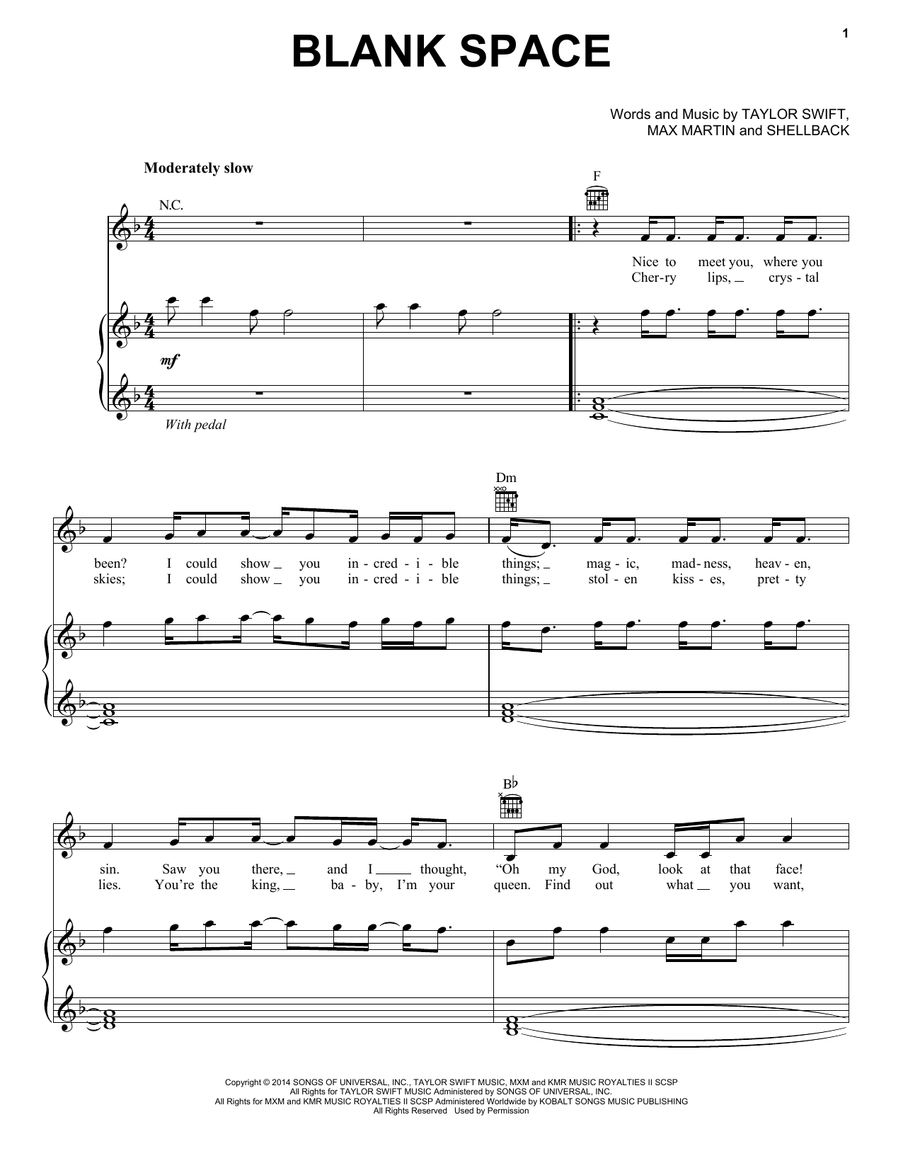 Taylor Swift Blank Space sheet music notes and chords. Download Printable PDF.