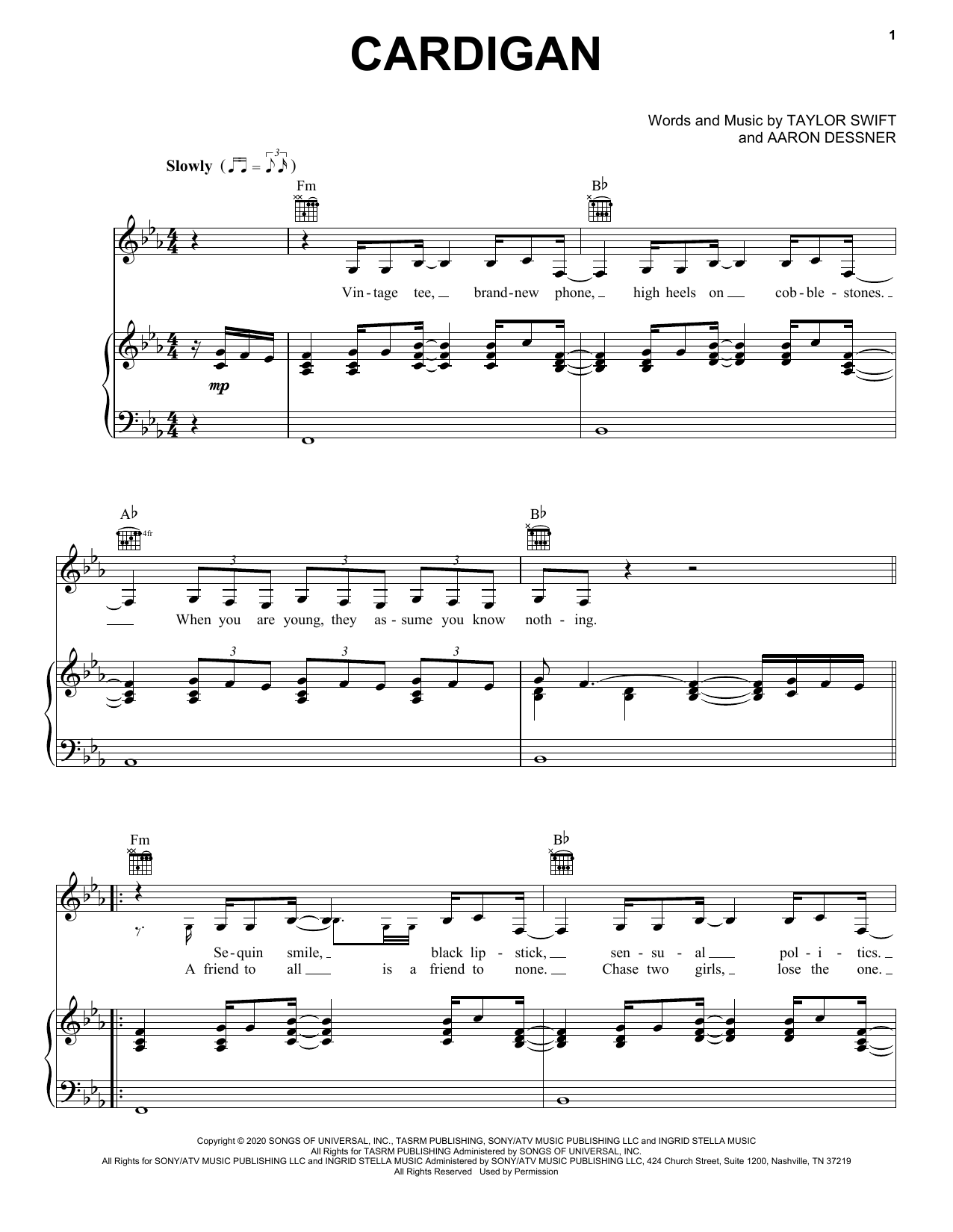 Taylor Swift cardigan sheet music notes and chords. Download Printable PDF.