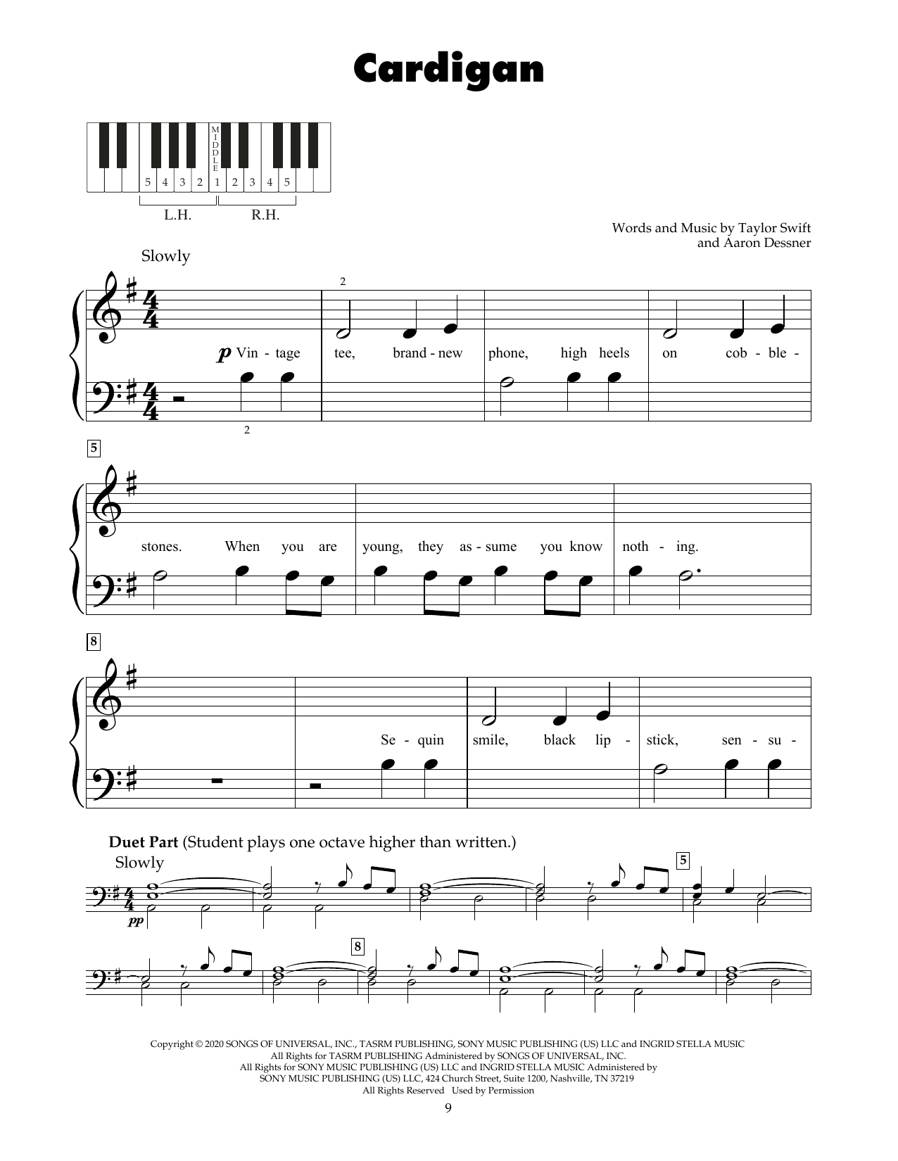 Taylor Swift cardigan sheet music notes and chords. Download Printable PDF.