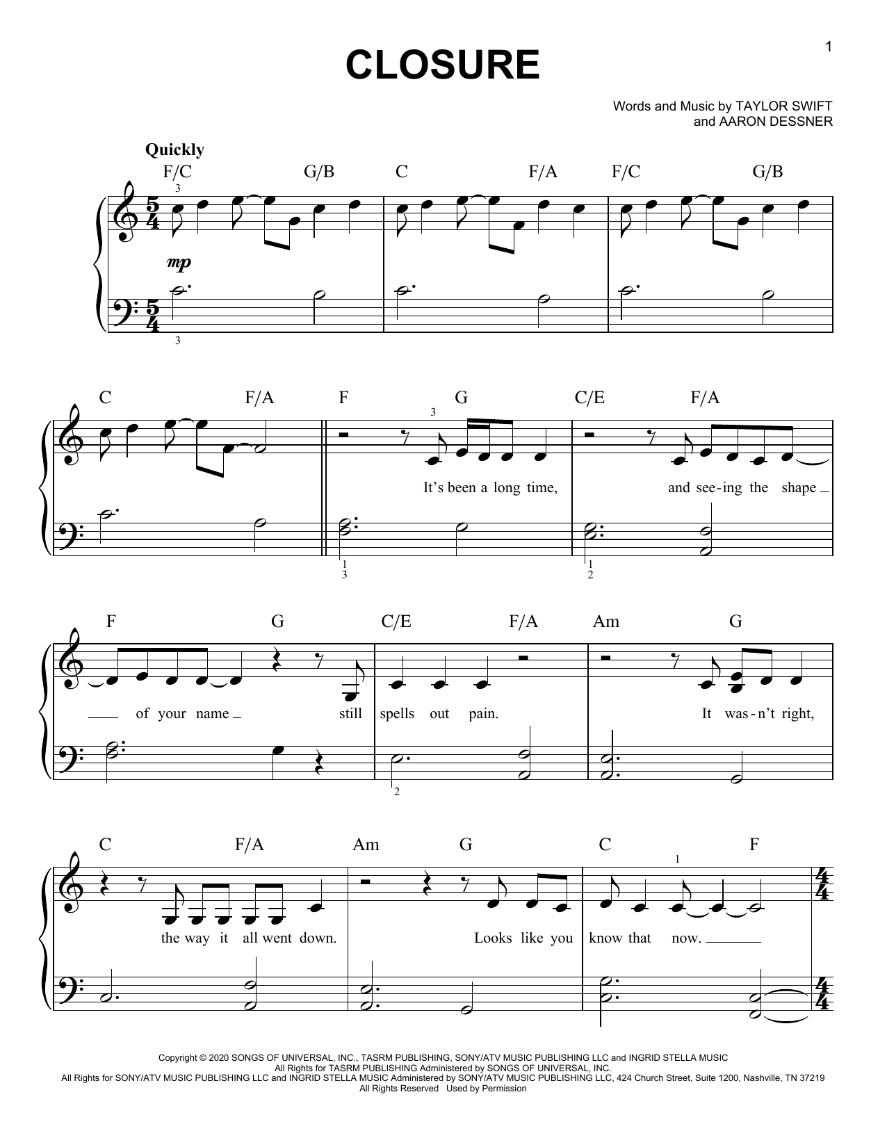 Taylor Swift closure sheet music notes and chords. Download Printable PDF.