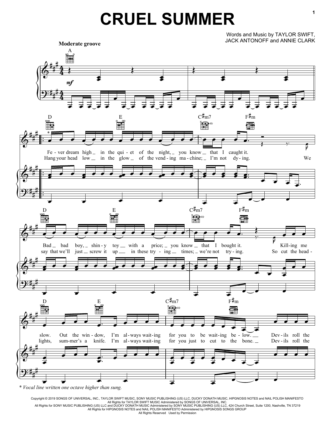 Taylor Swift Cruel Summer sheet music notes and chords. Download Printable PDF.