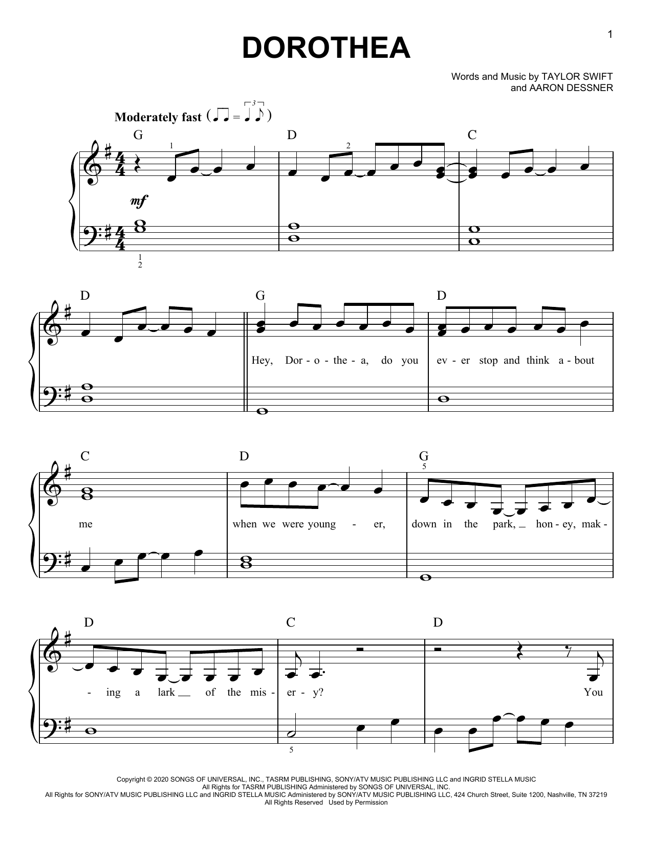 Taylor Swift dorothea sheet music notes and chords. Download Printable PDF.