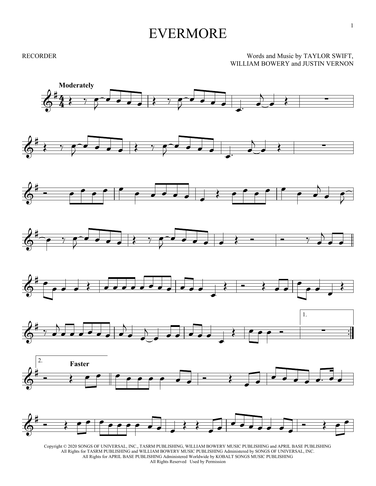 Taylor Swift evermore (feat. Bon Iver) sheet music notes and chords arranged for Recorder Solo