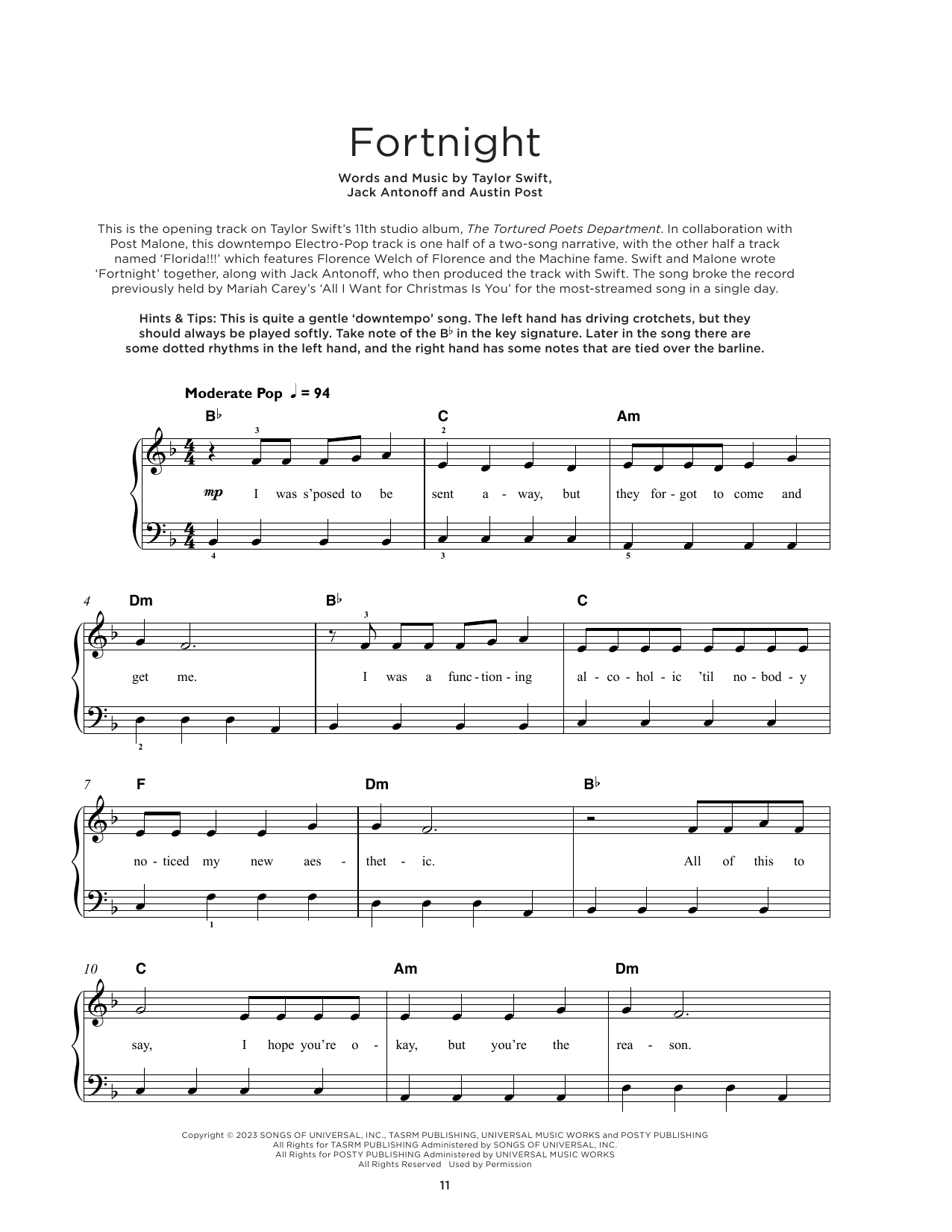 Taylor Swift Fortnight (feat. Post Malone) sheet music notes and chords. Download Printable PDF.