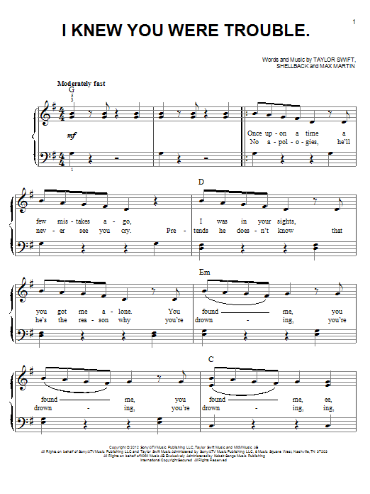 Taylor Swift I Knew You Were Trouble sheet music notes and chords. Download Printable PDF.