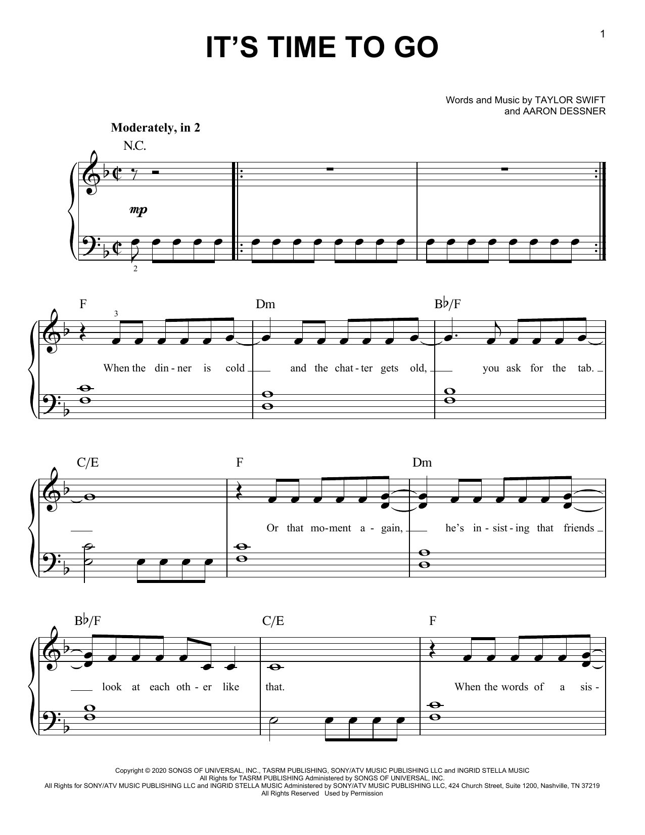 Taylor Swift it's time to go sheet music notes and chords. Download Printable PDF.