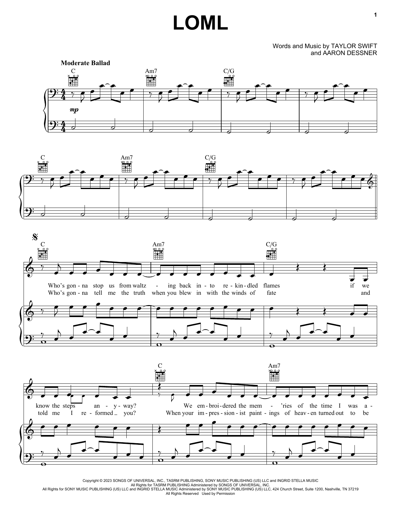 Taylor Swift Loml sheet music notes and chords. Download Printable PDF.