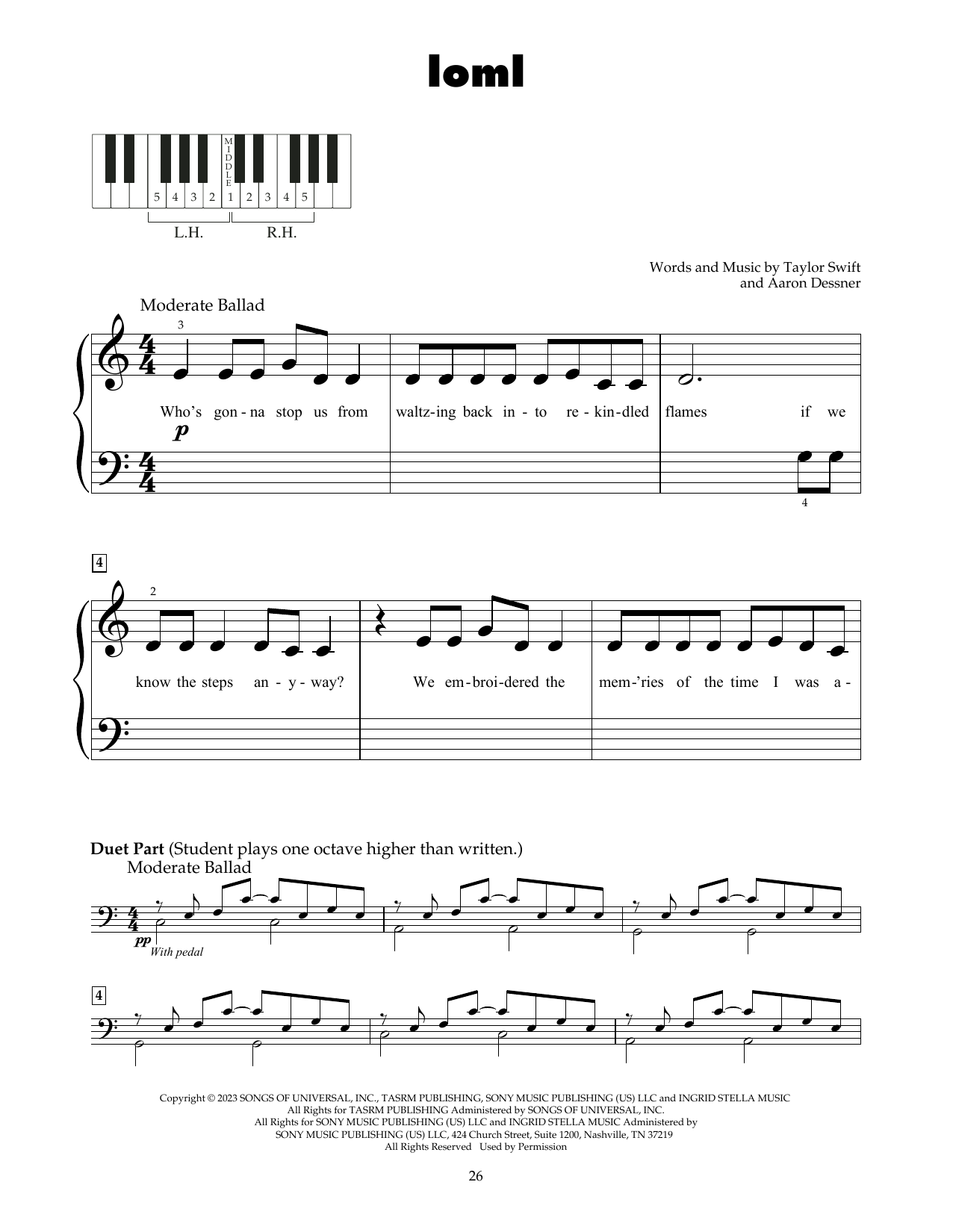 Taylor Swift Loml sheet music notes and chords. Download Printable PDF.