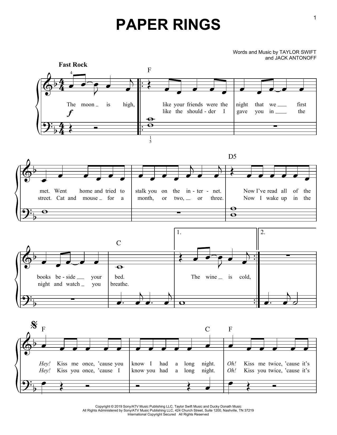 Taylor Swift Paper Rings sheet music notes and chords. Download Printable PDF.