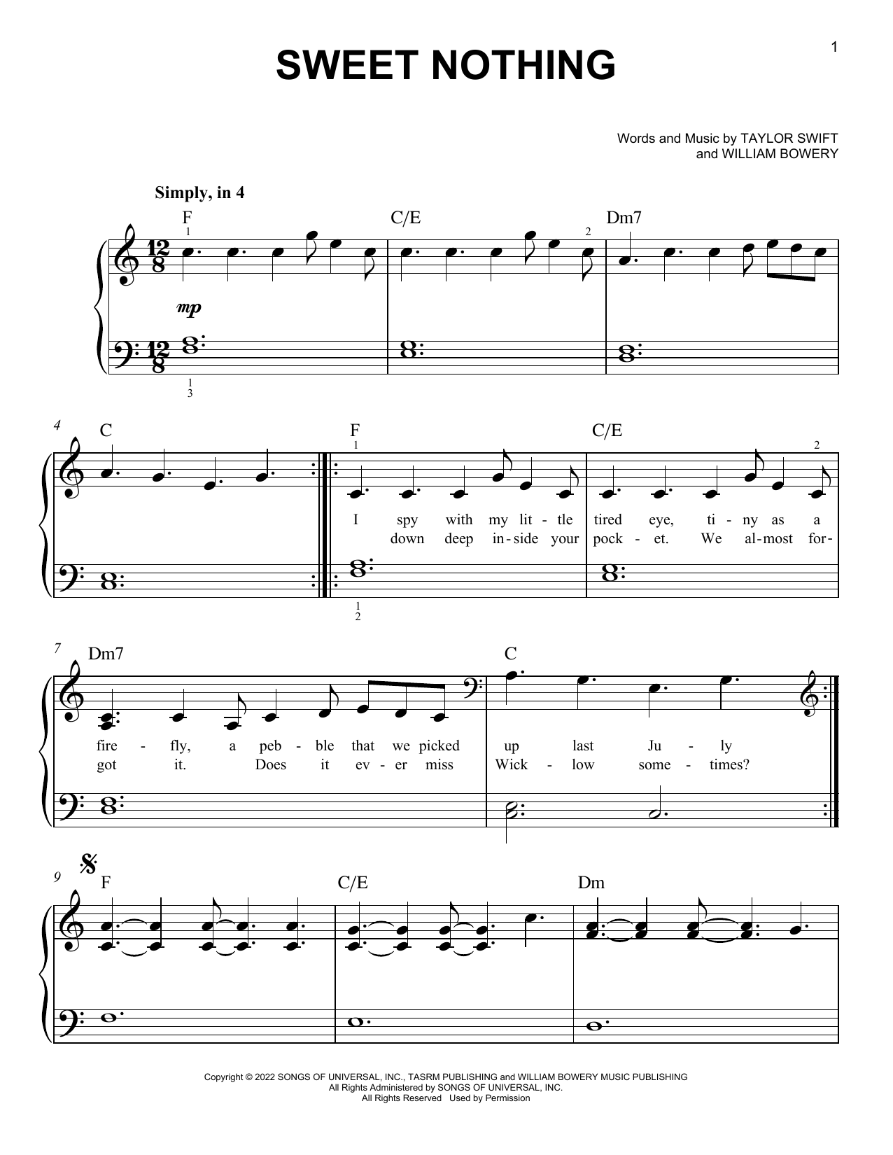 Taylor Swift Sweet Nothing sheet music notes and chords. Download Printable PDF.