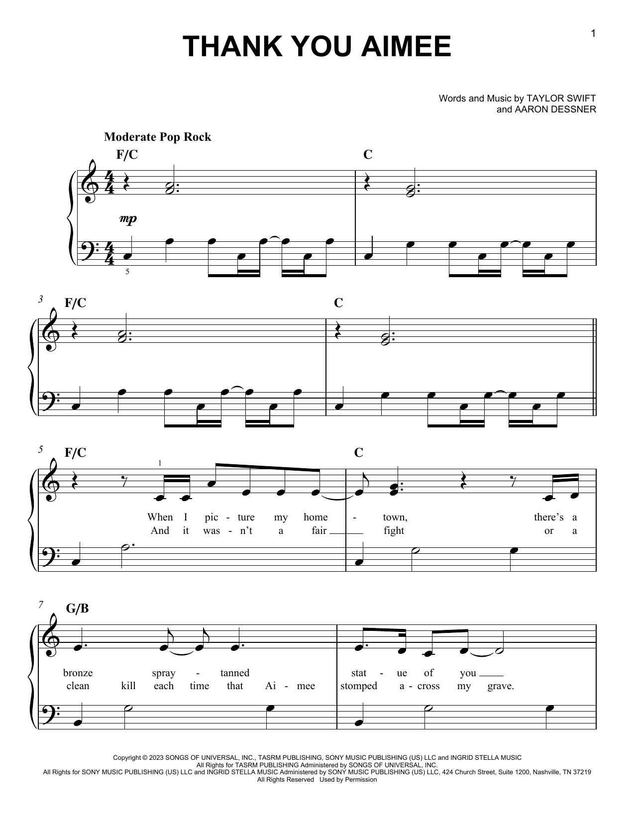 Taylor Swift thanK you aIMee sheet music notes and chords. Download Printable PDF.