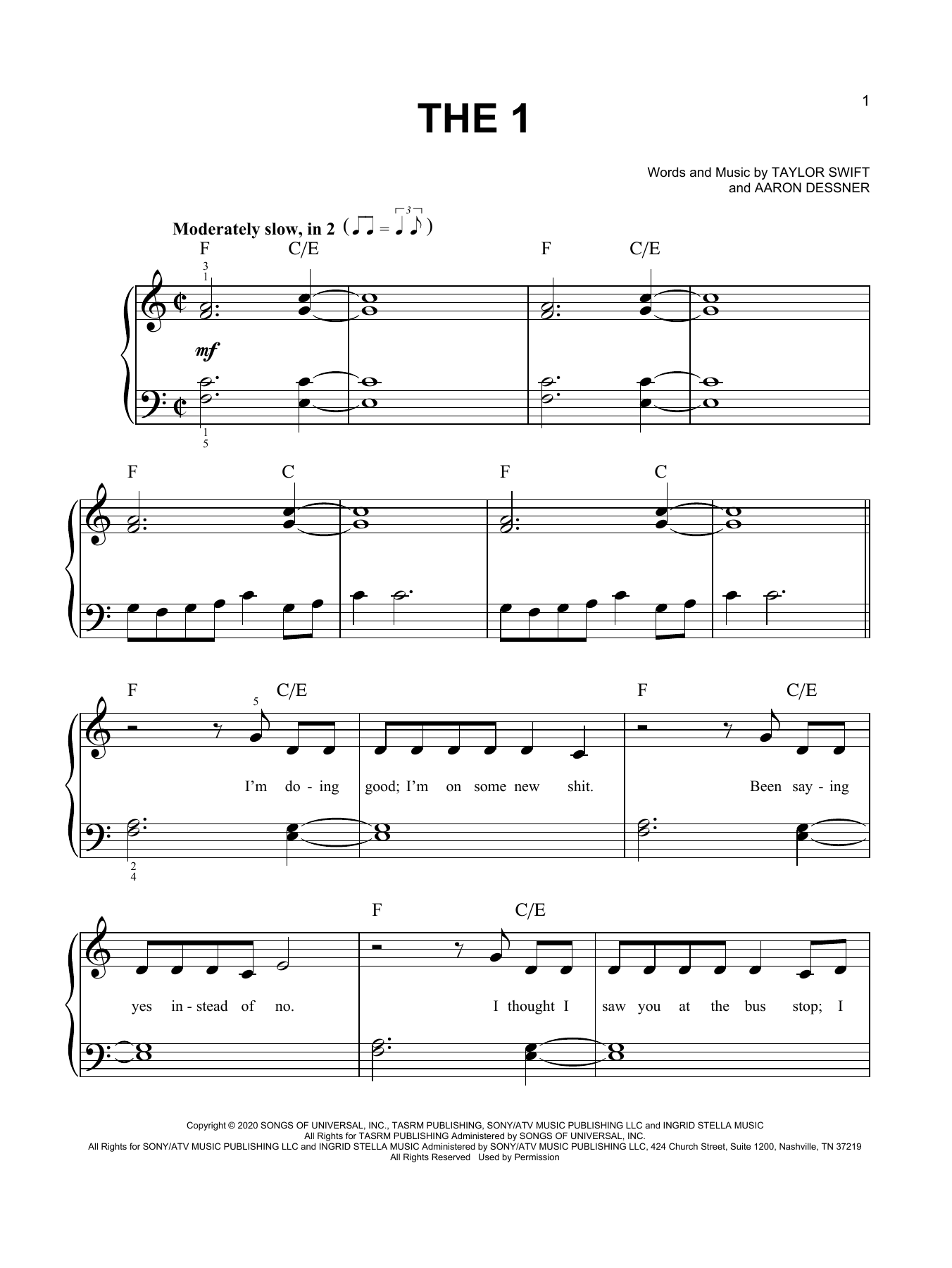 Taylor Swift the 1 sheet music notes and chords. Download Printable PDF.