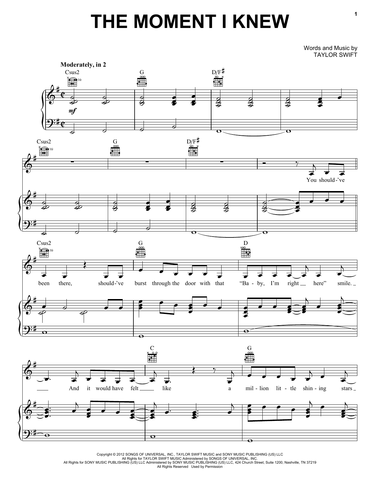 Taylor Swift The Moment I Knew (Taylor's Version) sheet music notes and chords. Download Printable PDF.