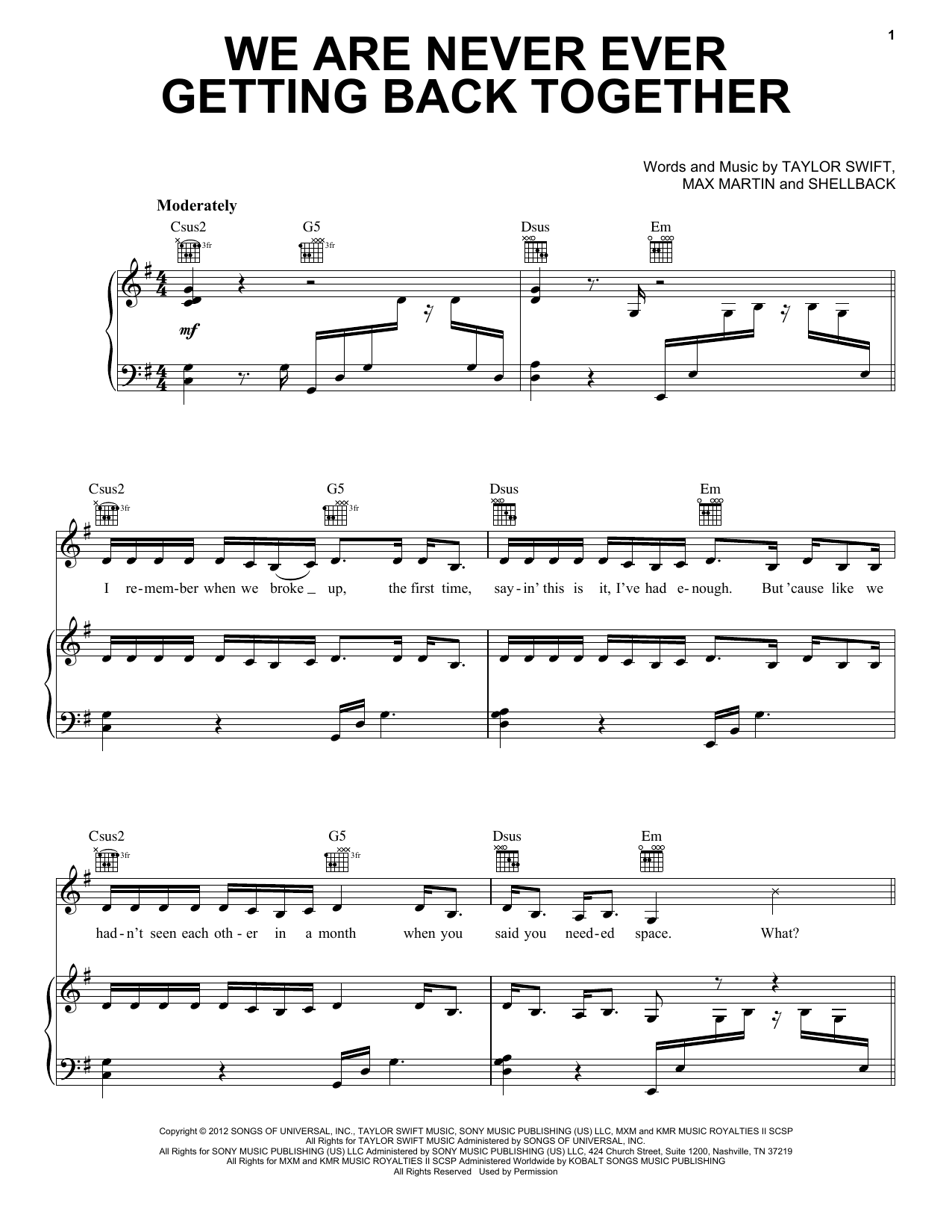 Taylor Swift We Are Never Ever Getting Back Together sheet music notes and chords. Download Printable PDF.