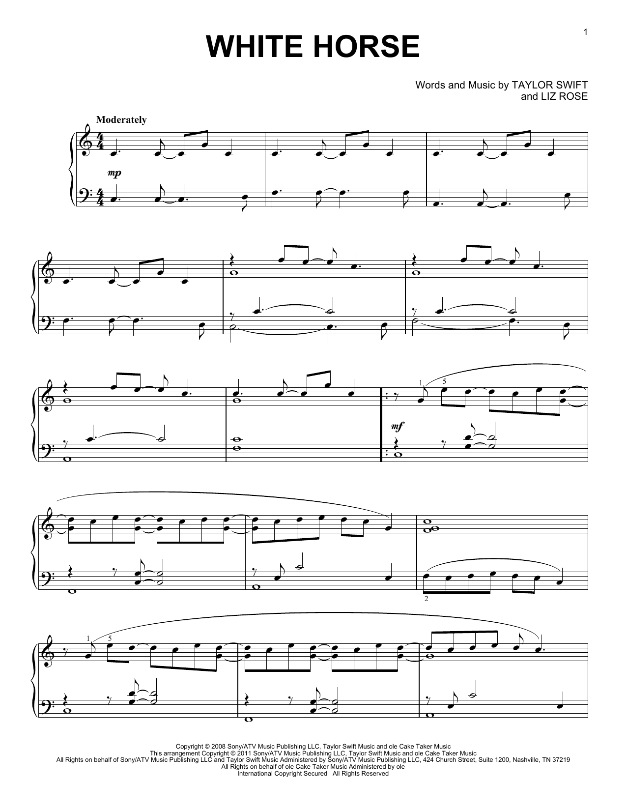 Taylor Swift White Horse sheet music notes and chords. Download Printable PDF.