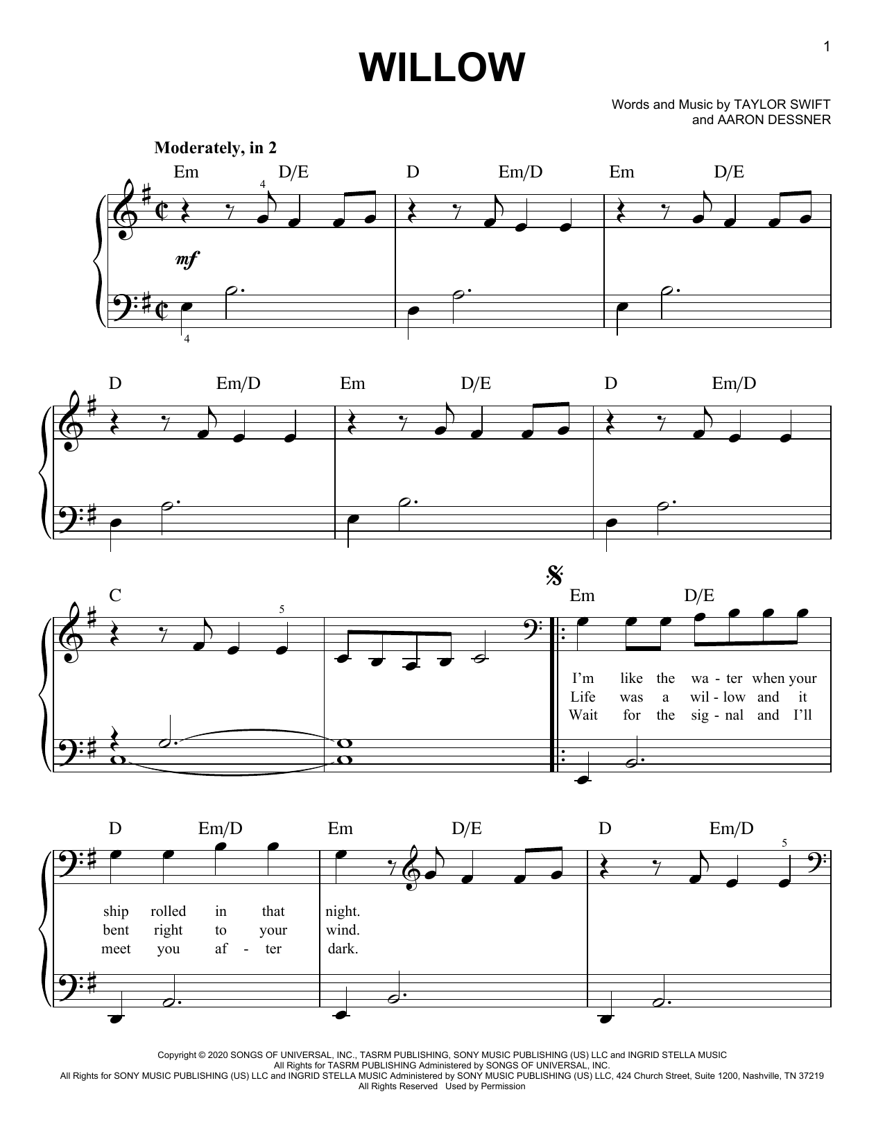 Taylor Swift willow sheet music notes and chords. Download Printable PDF.