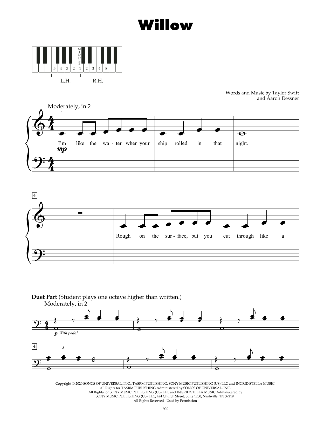 Taylor Swift willow sheet music notes and chords arranged for Piano Solo