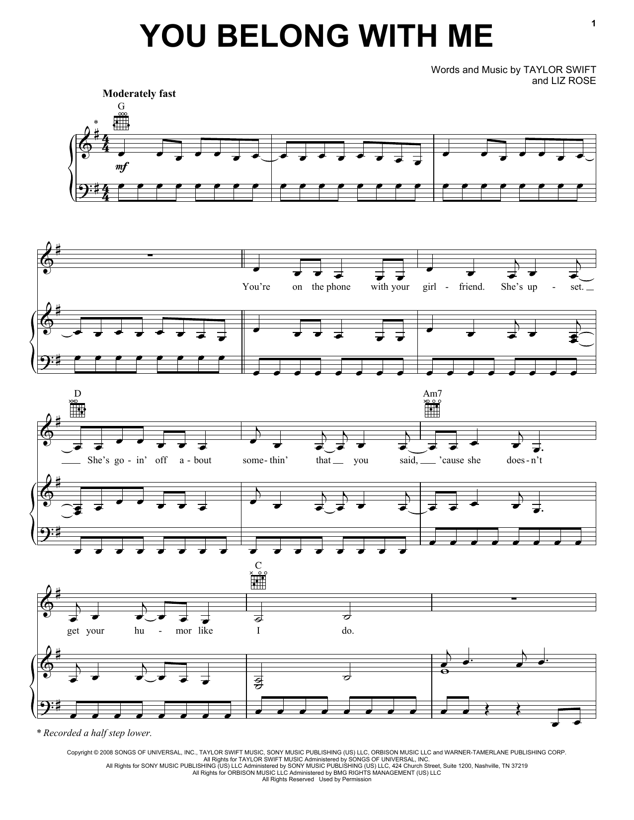 Taylor Swift You Belong With Me sheet music notes and chords. Download Printable PDF.