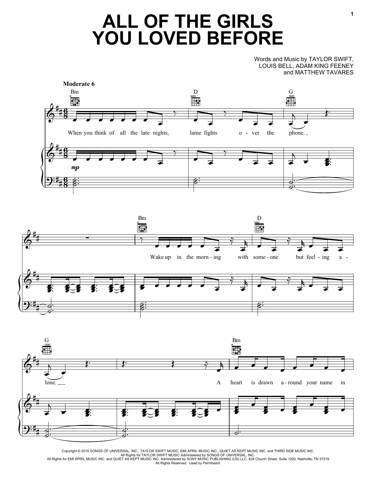 Taylor Swift All Of The Girls You Loved Before sheet music notes and chords. Download Printable PDF.