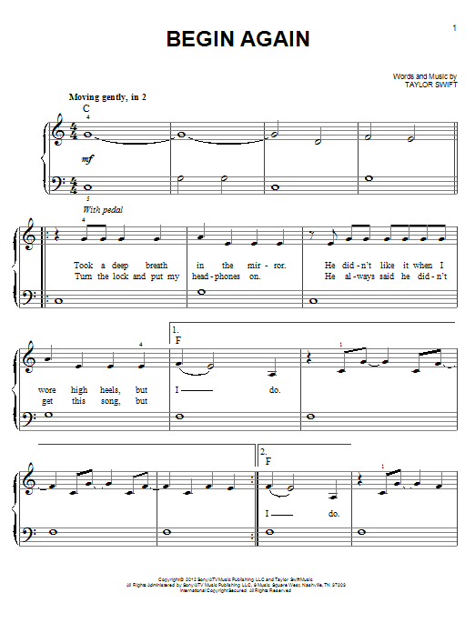 Taylor Swift Begin Again sheet music notes and chords. Download Printable PDF.