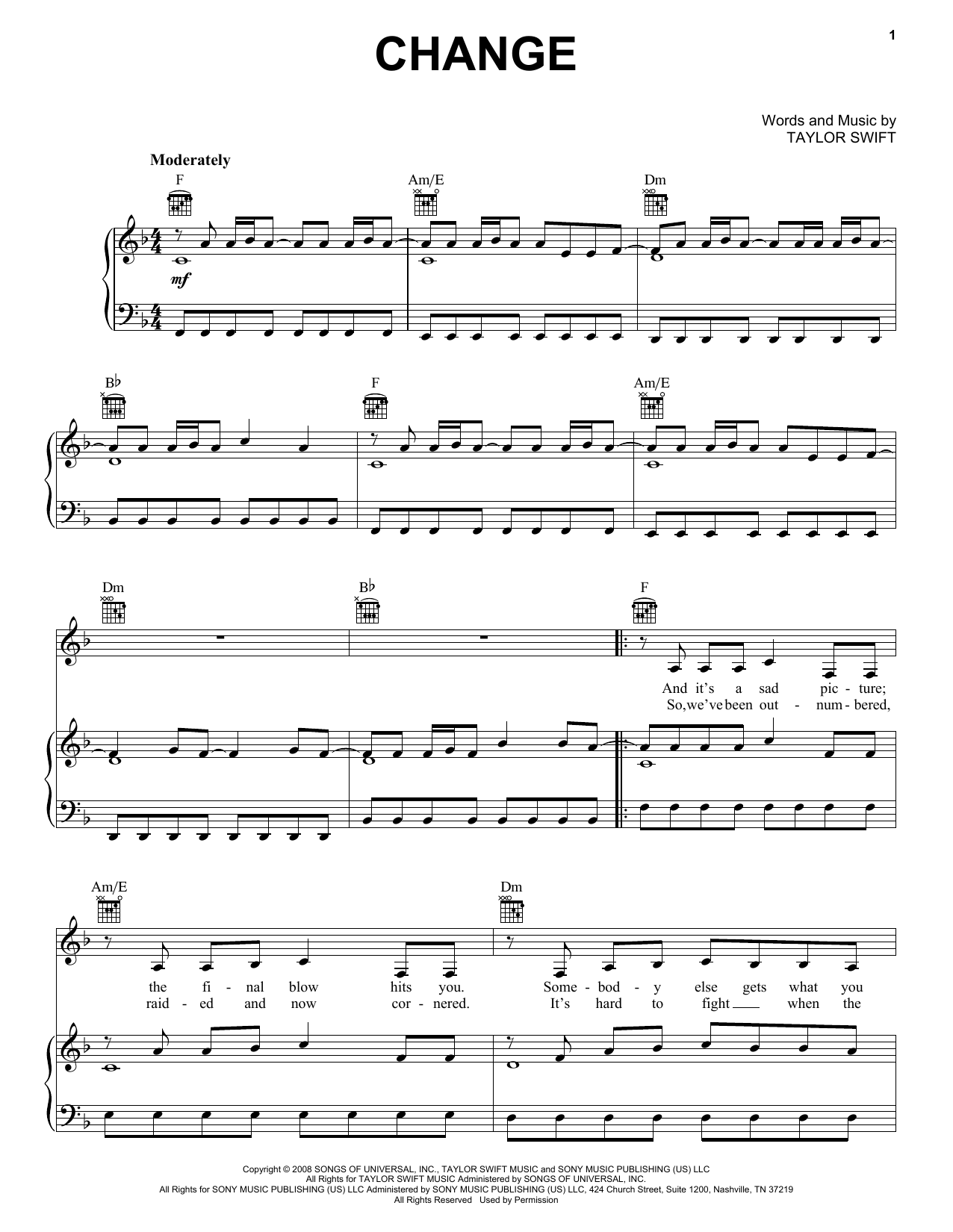 Taylor Swift Change sheet music notes and chords. Download Printable PDF.