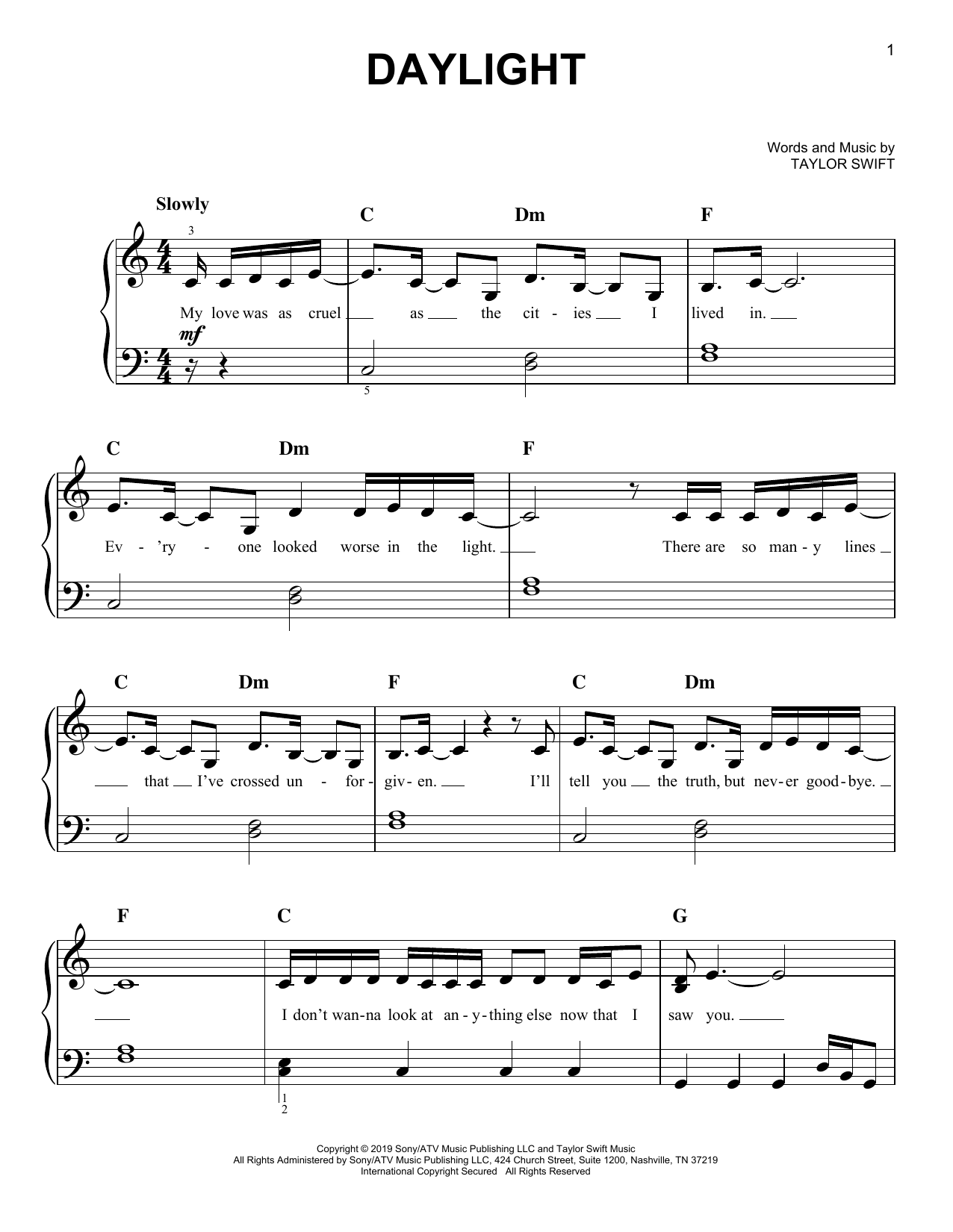 Taylor Swift Daylight Sheet Music Chords And Lyrics Download Printable Pop Pdf Score 427819 