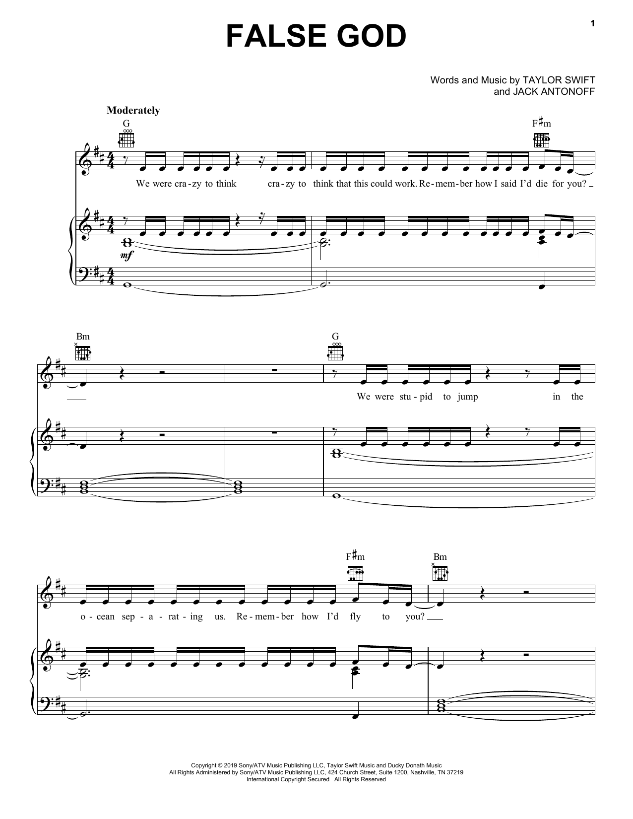 Taylor Swift False God sheet music notes and chords. Download Printable PDF.