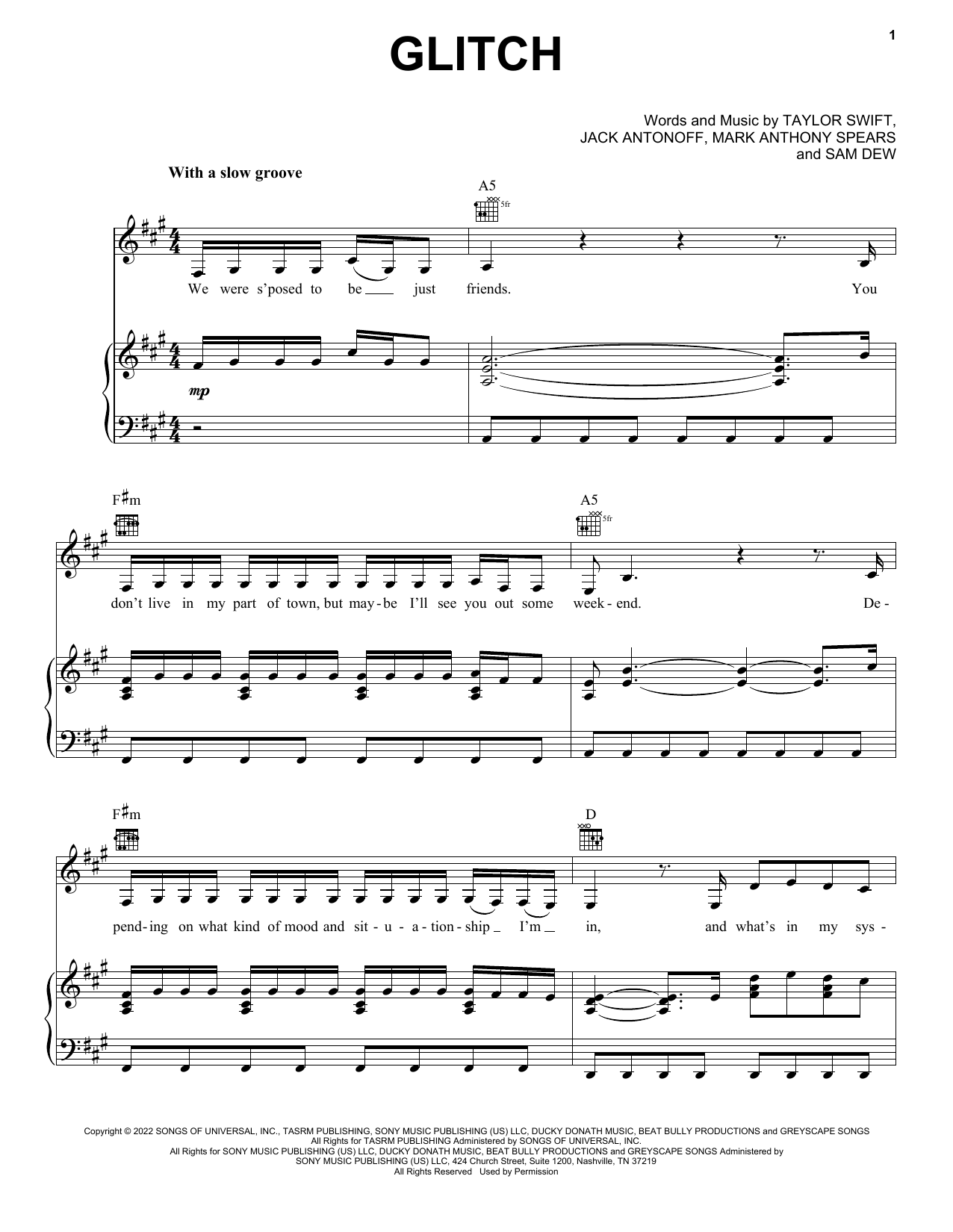 Taylor Swift Glitch sheet music notes and chords. Download Printable PDF.