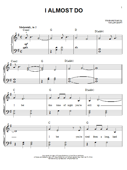 Taylor Swift I Almost Do sheet music notes and chords. Download Printable PDF.