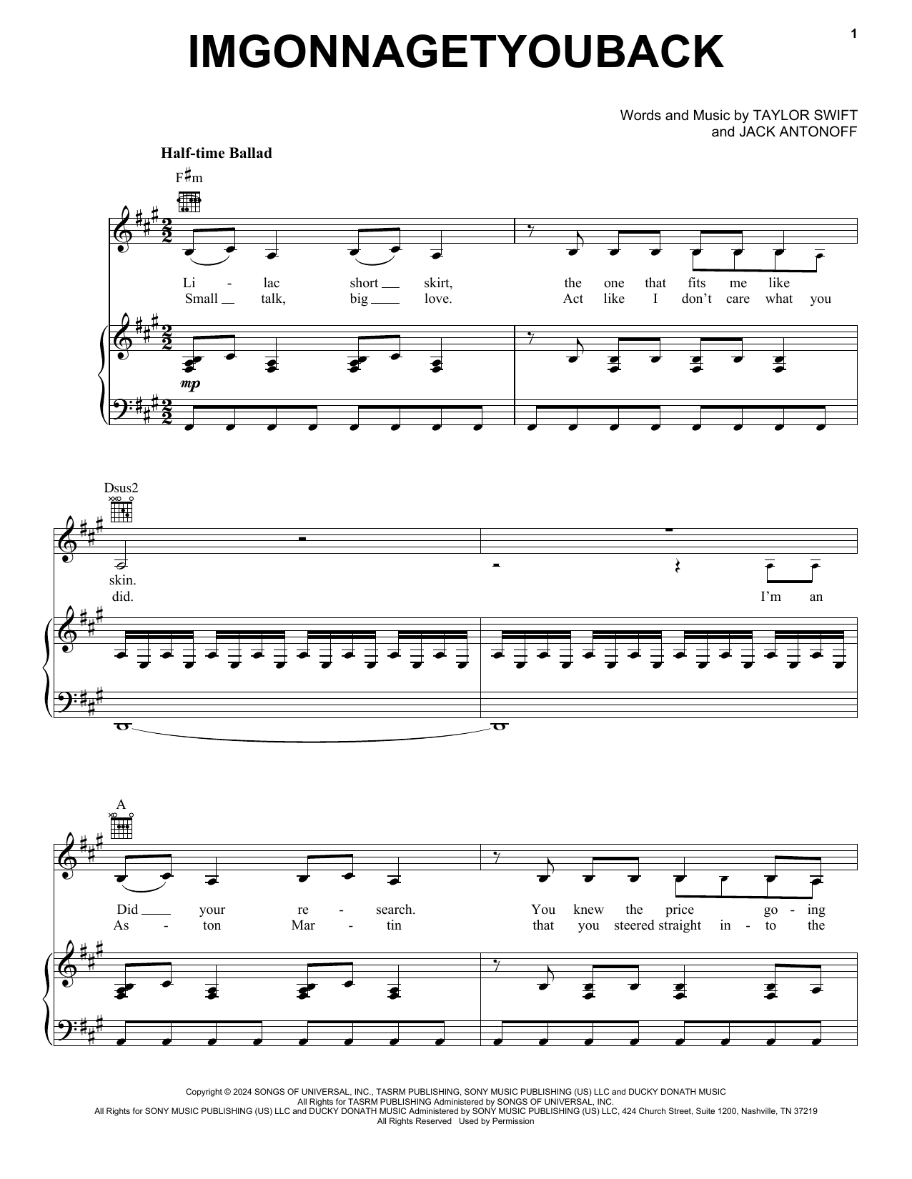 Taylor Swift imgonnagetyouback sheet music notes and chords. Download Printable PDF.