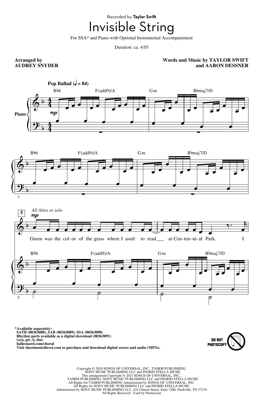 Learn to play Taylor Swift invisible string (arr. Audrey Snyder) sheet music for SAB Choir in minutes. Price: 3.9900$ Taylor Swift invisible string (arr. Audrey Snyder) sheet music notes and chords arranged for SAB Choir