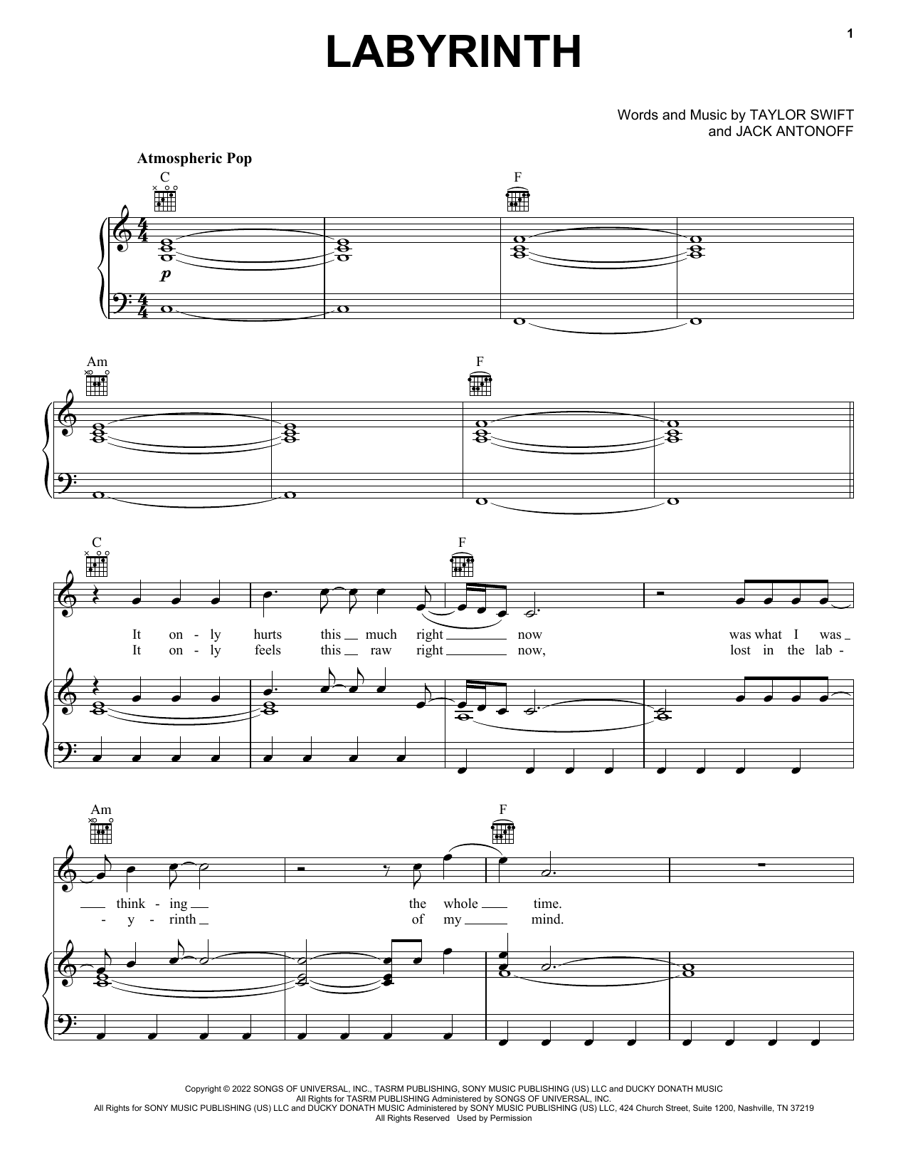 Taylor Swift Labyrinth sheet music notes and chords. Download Printable PDF.