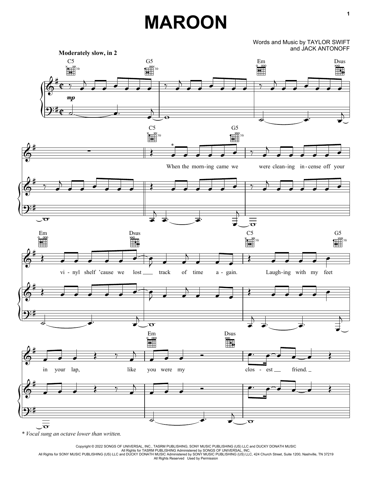 Taylor Swift Maroon sheet music notes and chords. Download Printable PDF.