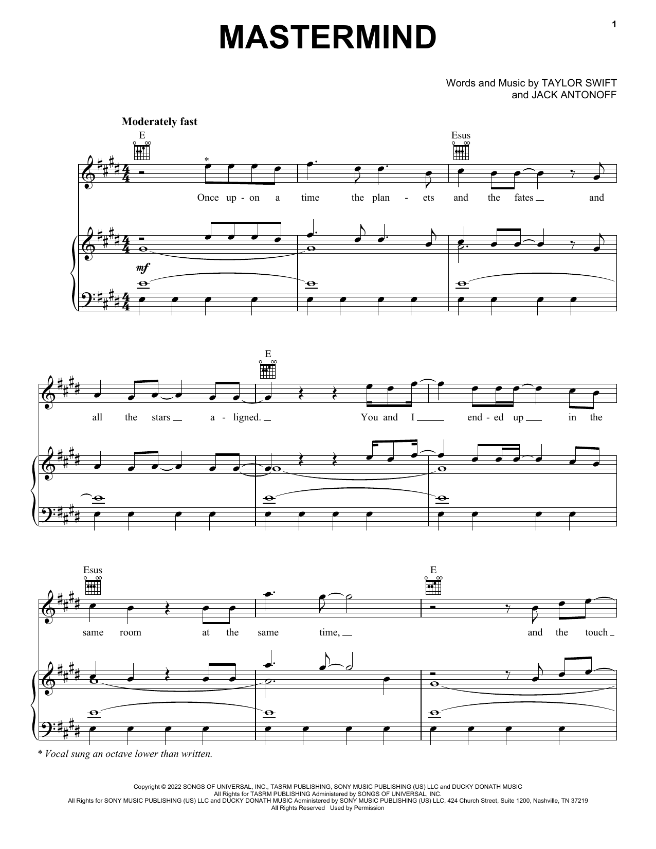 Taylor Swift Mastermind sheet music notes and chords. Download Printable PDF.