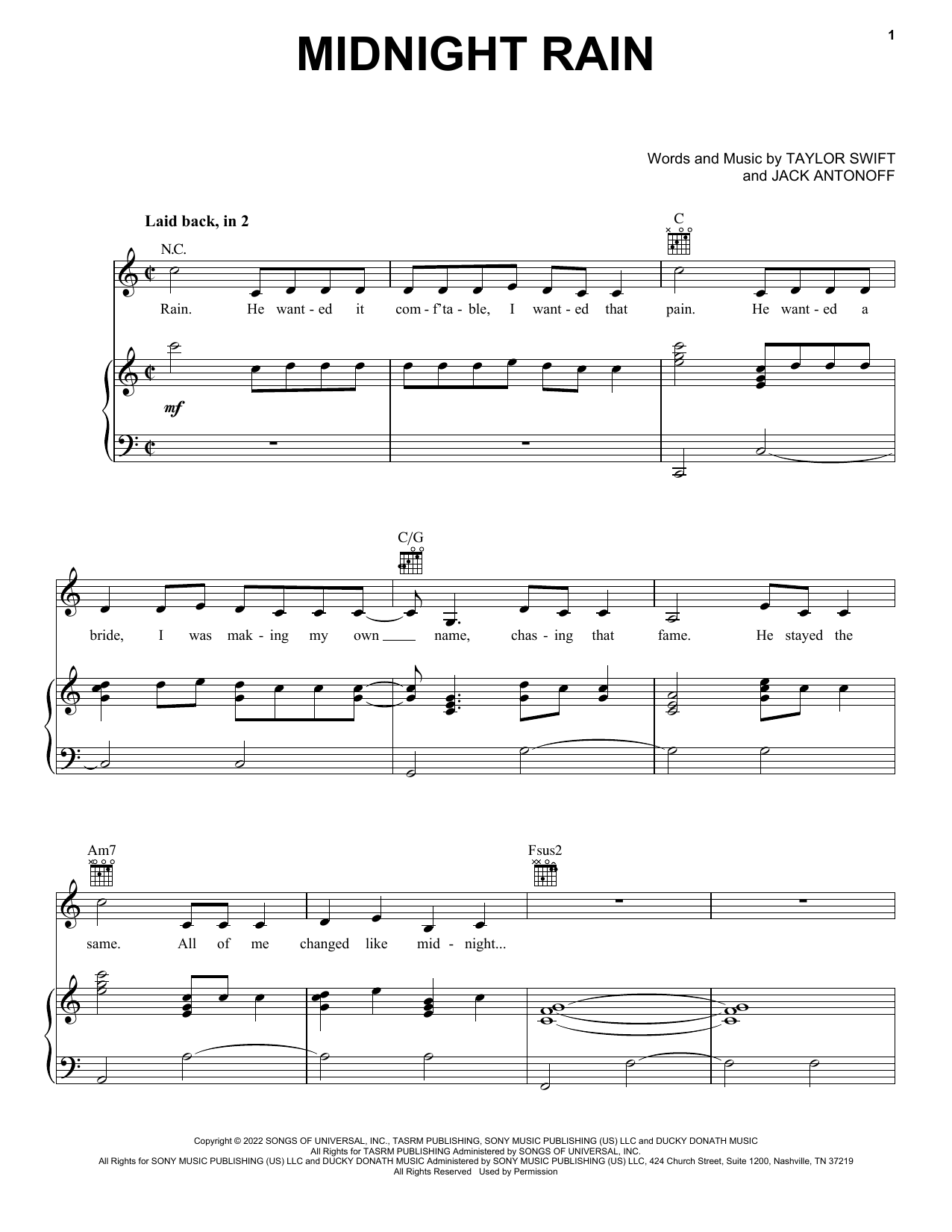 Taylor Swift Midnight Rain sheet music notes and chords. Download Printable PDF.