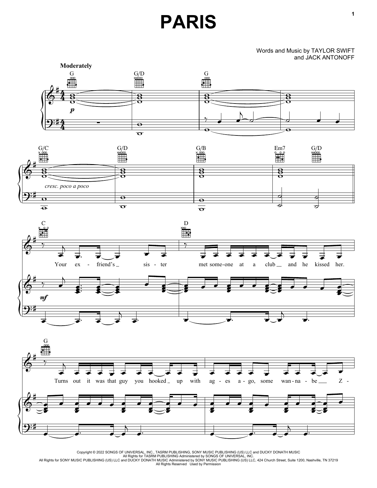 Taylor Swift Paris sheet music notes and chords. Download Printable PDF.